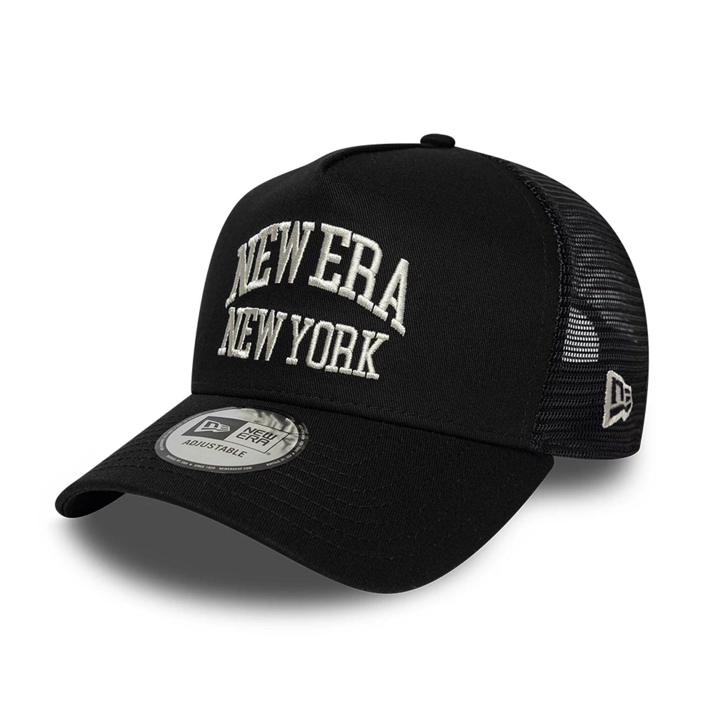 Pictured is this New Era Collegiate 9FORTY A-Frame Trucker cap in black. 1