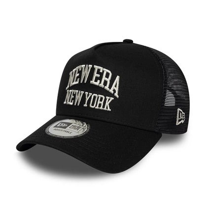 Pictured is this New Era Collegiate 9FORTY A-Frame Trucker cap in black. 1