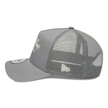 Pictured is this New Era Script 9FORTY A-Frame Trucker cap in grey. 4
