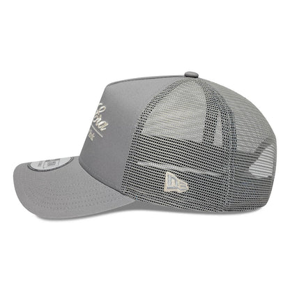 Pictured is this New Era Script 9FORTY A-Frame Trucker cap in grey. 4