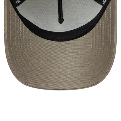 Pictured is this New Era Script 9FORTY A-Frame Trucker cap in cream. 7