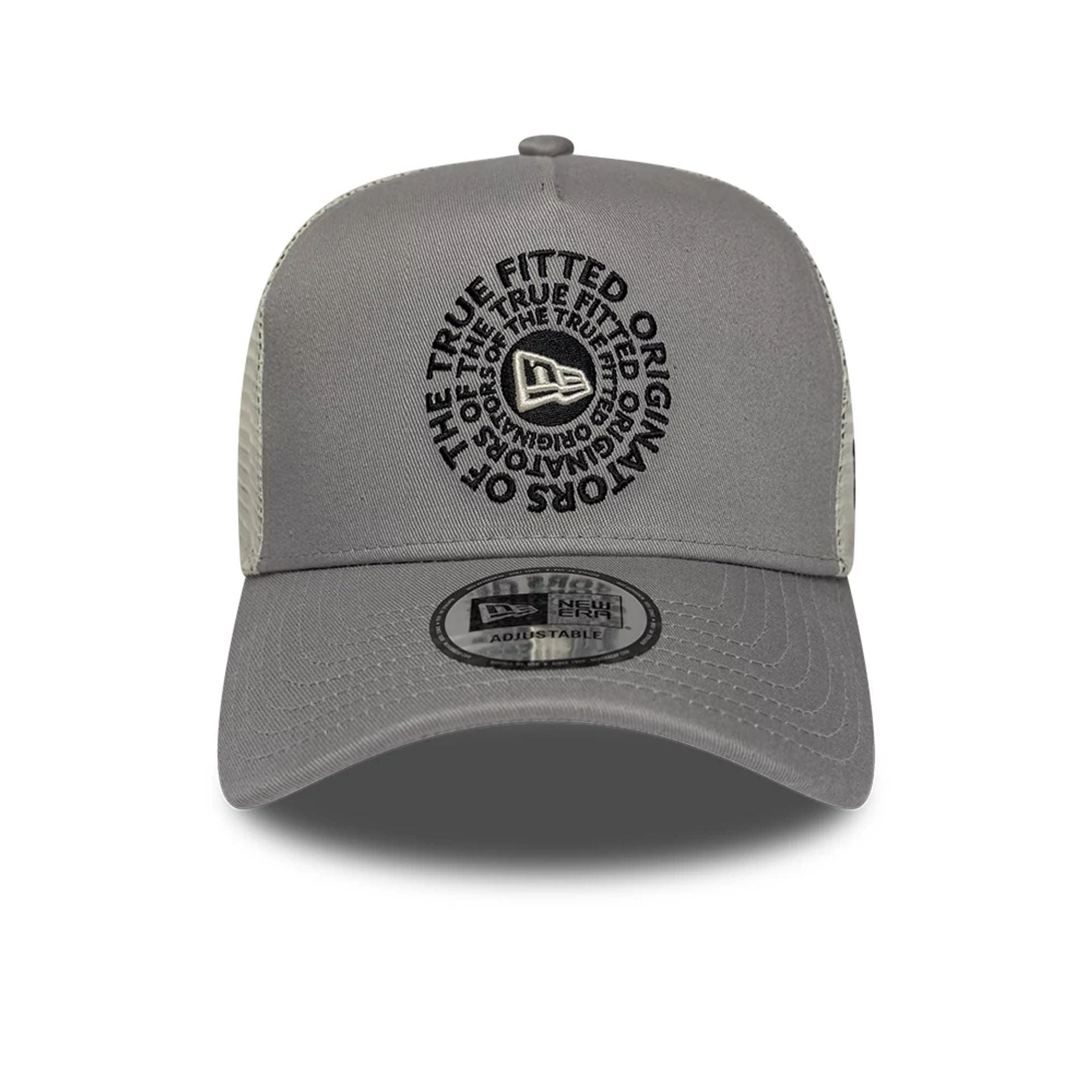 Pictured is this New Era Circle 9FORTY A-Frame Trucker cap in grey. 2