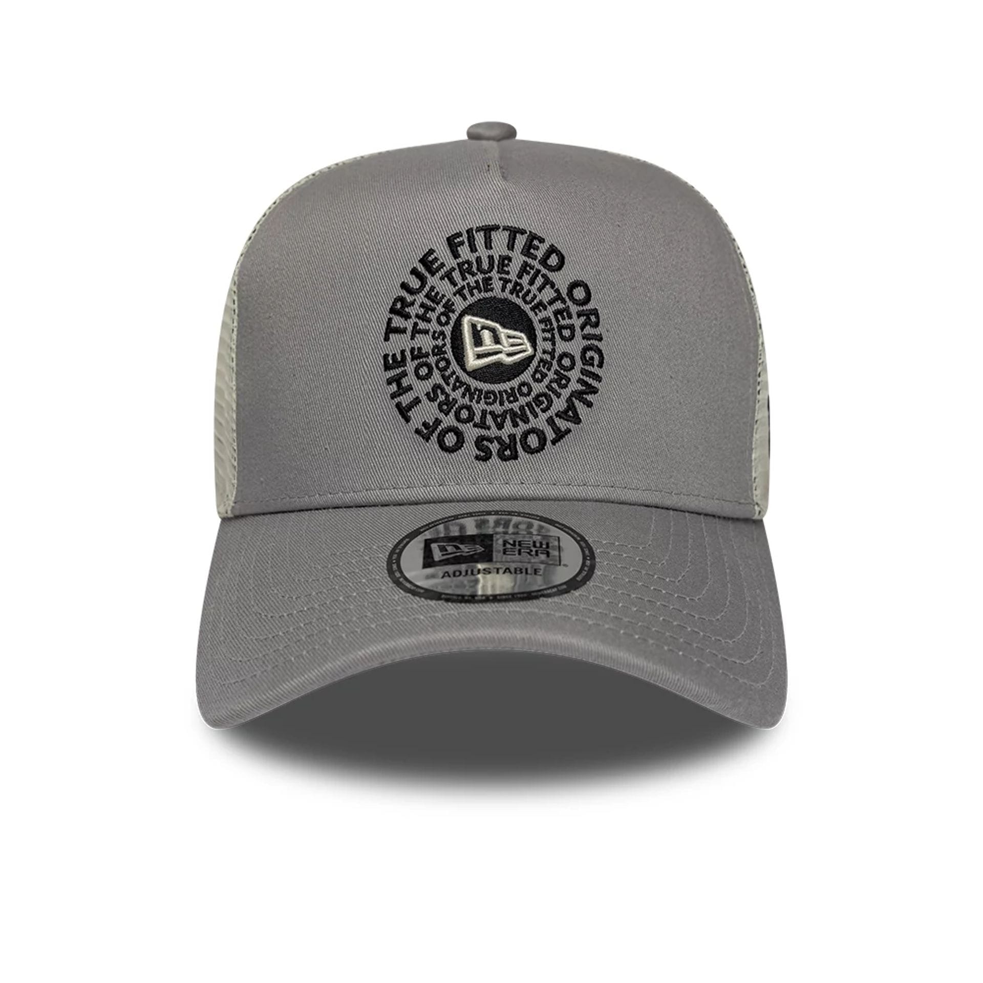 Pictured is this New Era Circle 9FORTY A-Frame Trucker cap in grey. 2