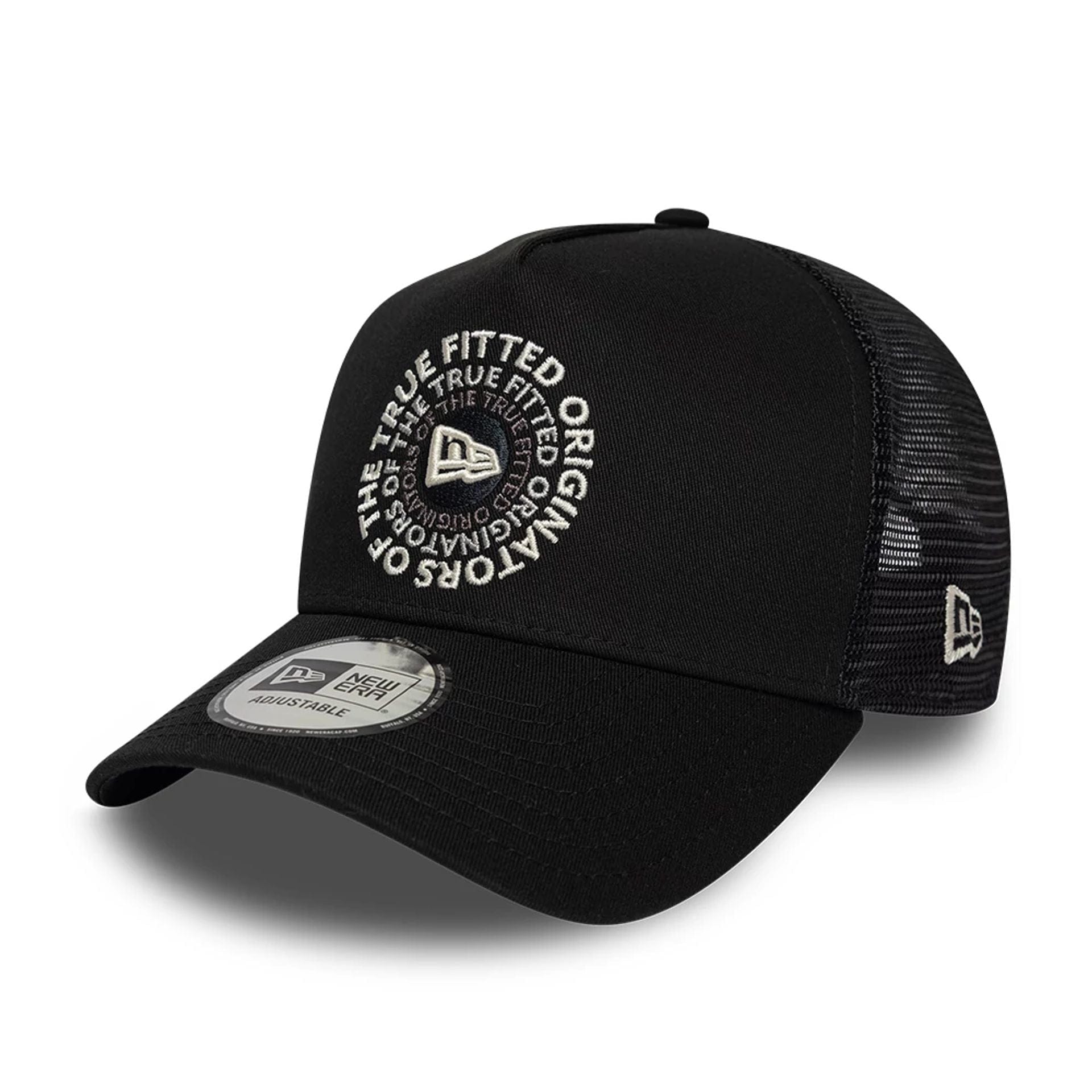 Pictured is this New Era Circle 9FORTY A-Frame Trucker cap in black. 1