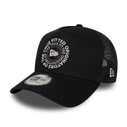 Pictured is this New Era Circle 9FORTY A-Frame Trucker cap in black. 1