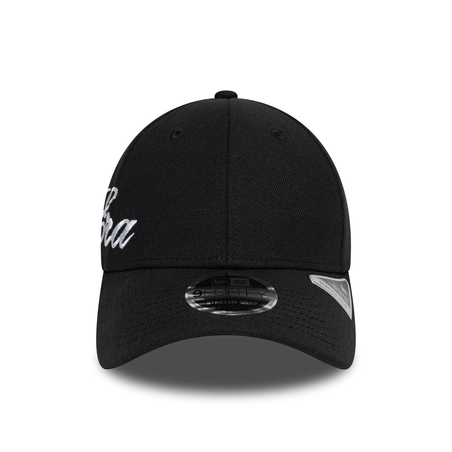 Pictured is this New Era Big Script 9FORTY Stretch Snap cap in black. 2