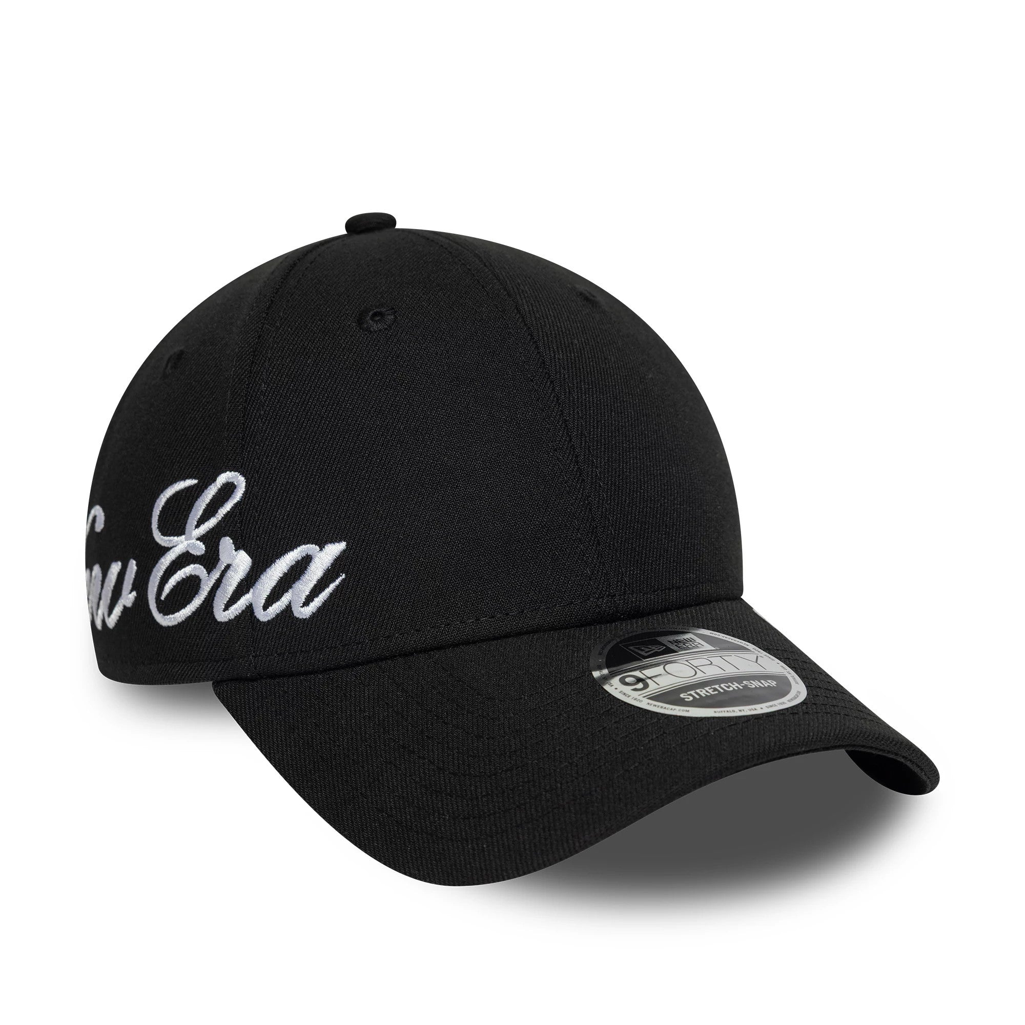 Pictured is this New Era Big Script 9FORTY Stretch Snap cap in black. 1