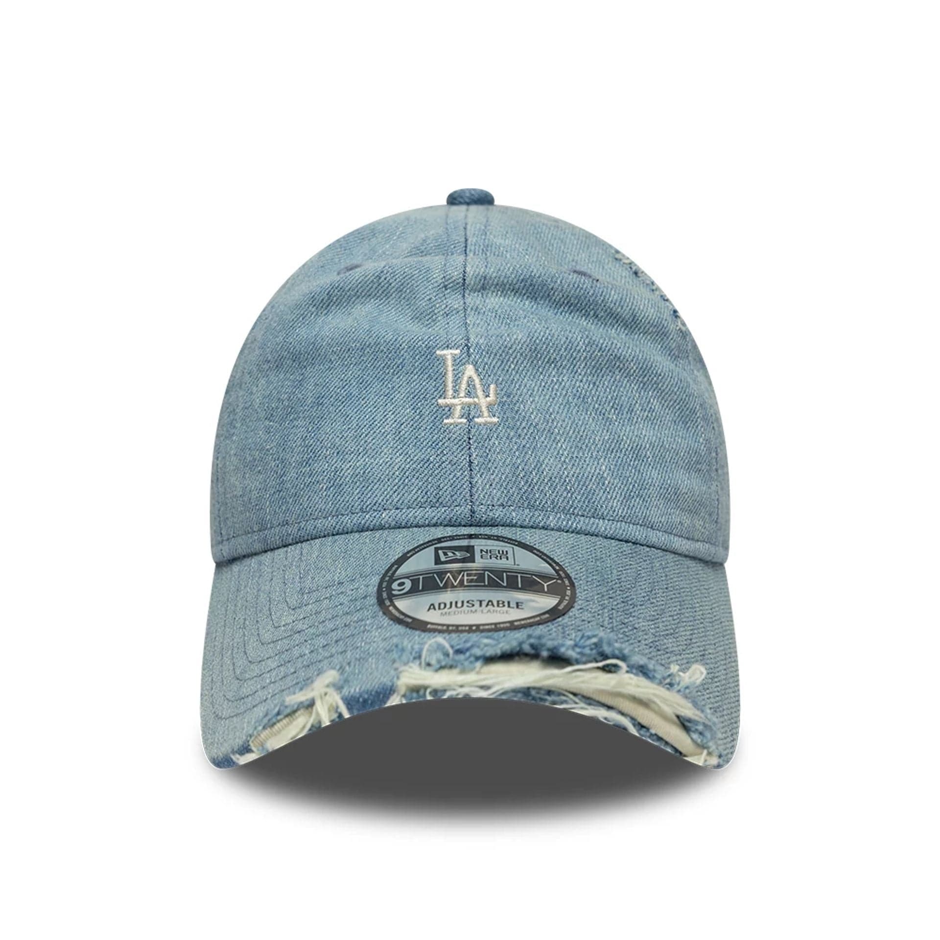 Pictured is this MLB Distressed Washed Denim LA Dodgers 9TWENTY cap in blue. 2
