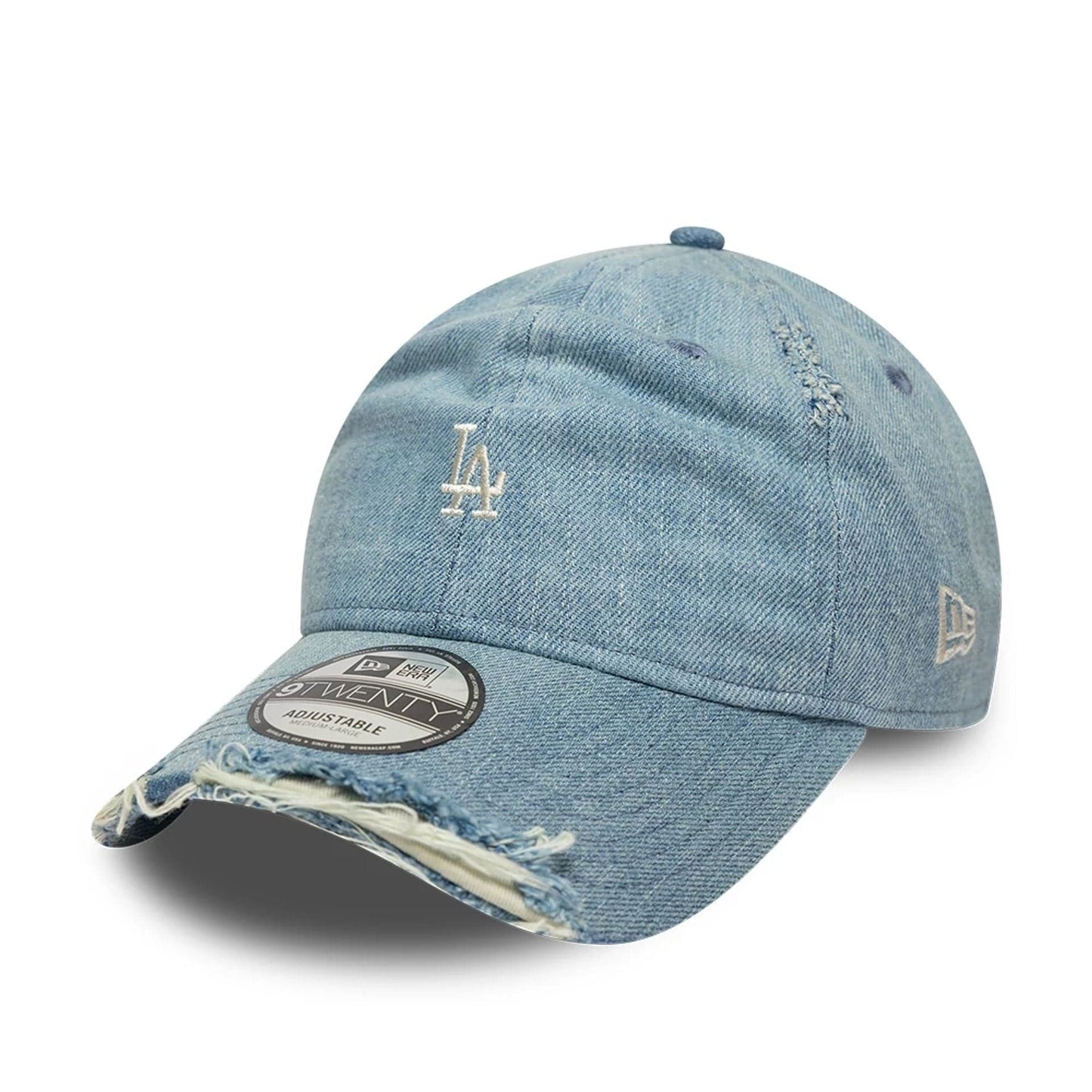 Pictured is this MLB Distressed Washed Denim LA Dodgers 9TWENTY cap in blue. 1