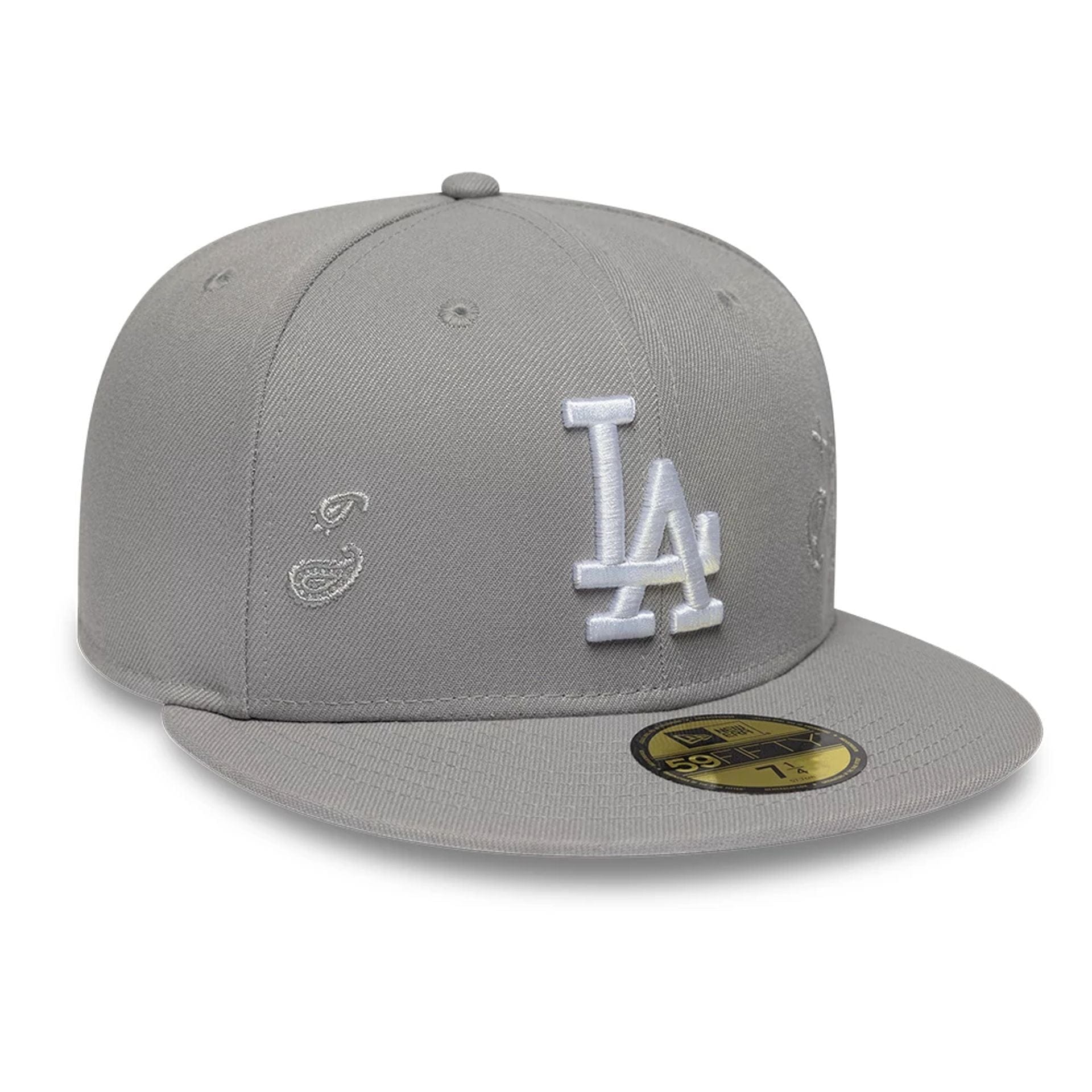 Pictured is this MLB Paisley Emblem LA Dodgers 59FIFTY Fitted cap in grey. 1