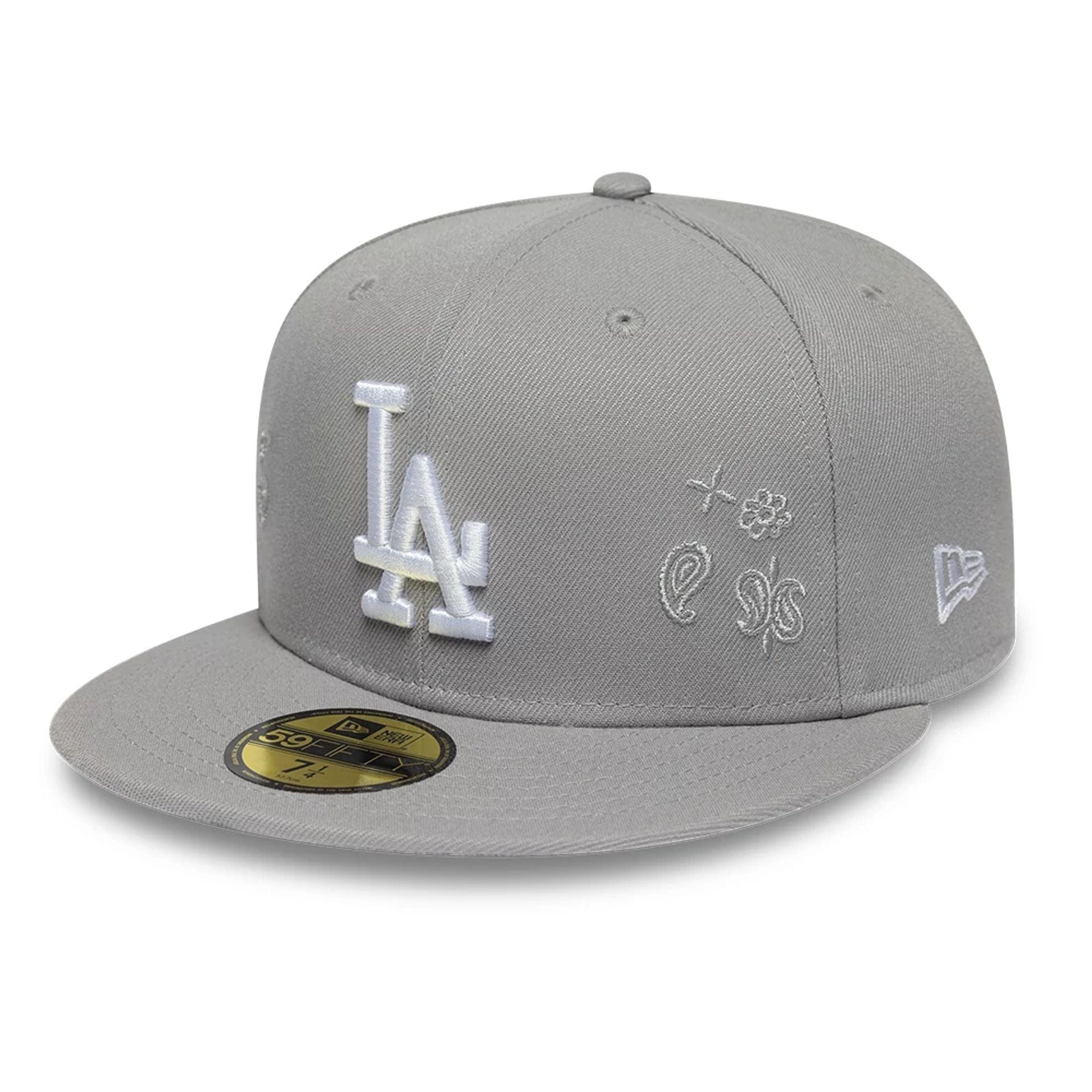 Pictured is this MLB Paisley Emblem LA Dodgers 59FIFTY Fitted cap in grey. 3