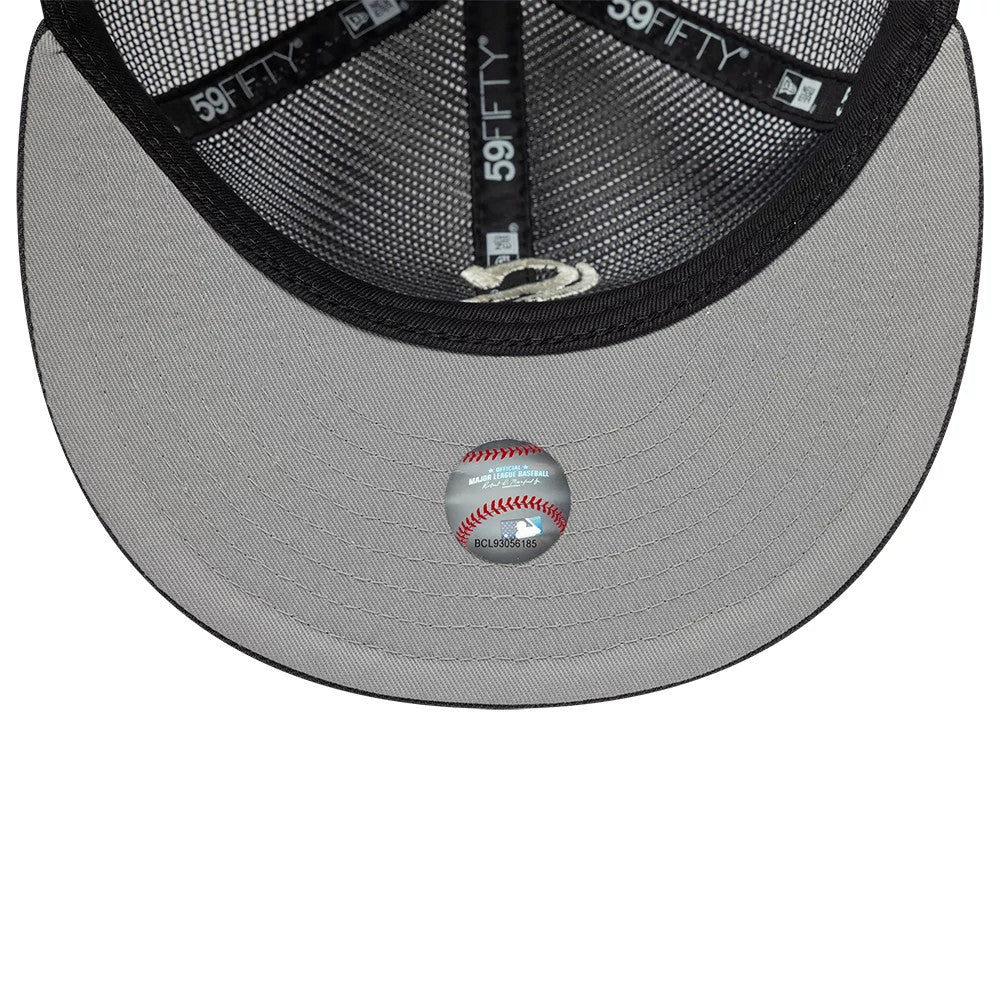 Chicago White Sox MLB All Mesh Dark Grey New Era 59FIFTY Fitted Cap, inside view showing black taping with 59FIFTY branding and a grey undervisor with a baseball design sticker, set beneath the black mesh crown.