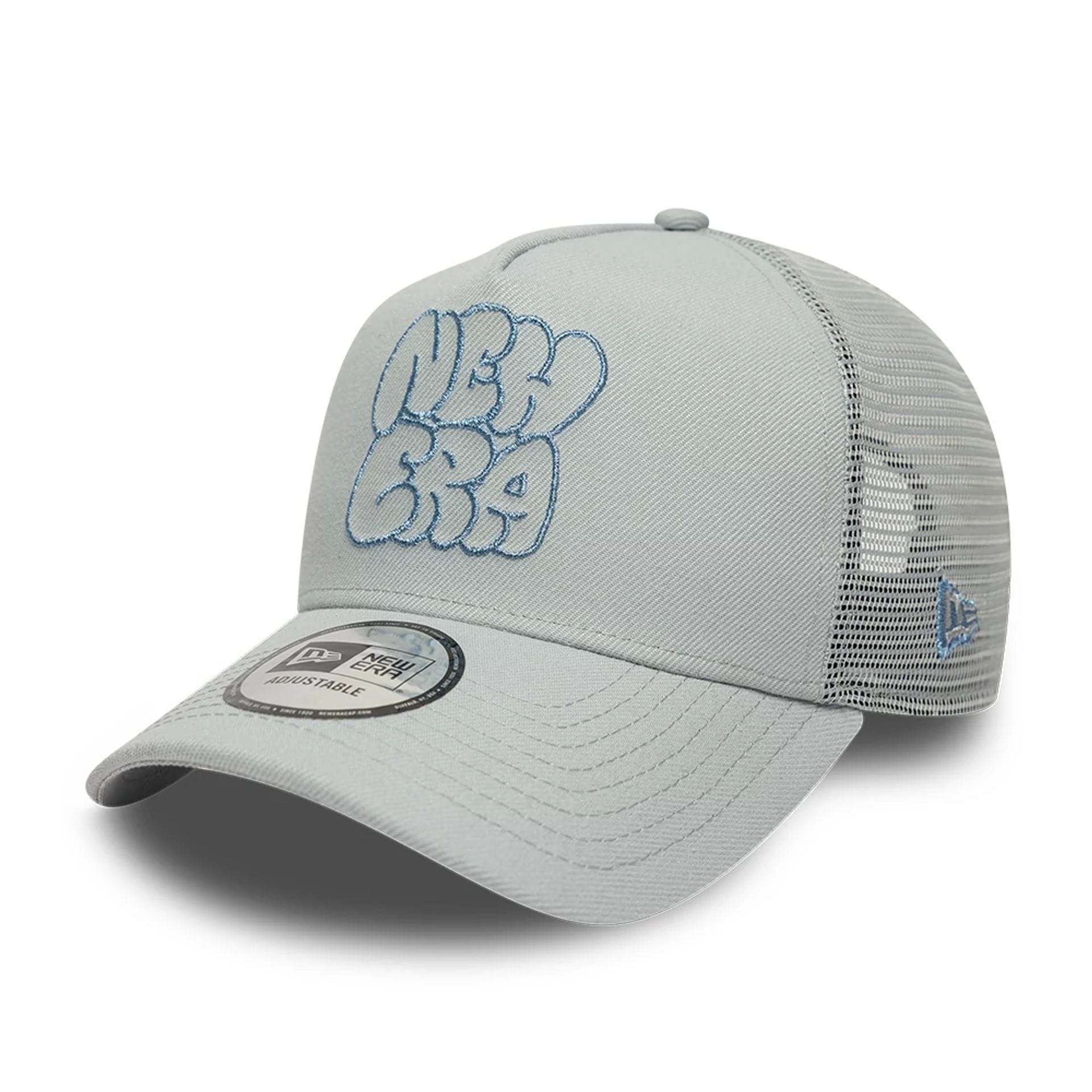 Pictured is this New Era Wall Art Bubble 9FORTY A-Frame Trucker cap in Light Grey. 1