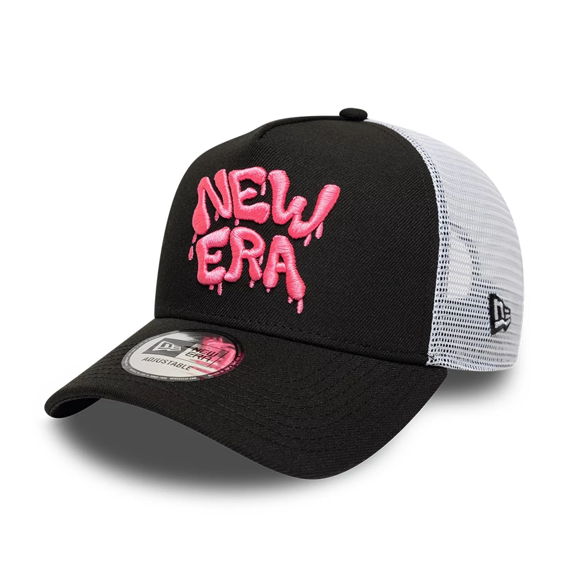 Pictured is this New Era Wall Art Drip 9FORTY A-Frame Trucker cap in black. 1