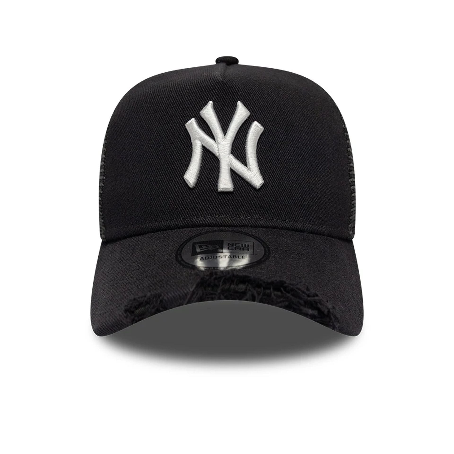 Pictured is this MLB Distressed New York Yankees 9FORTY A-Frame Trucker cap in black. 2