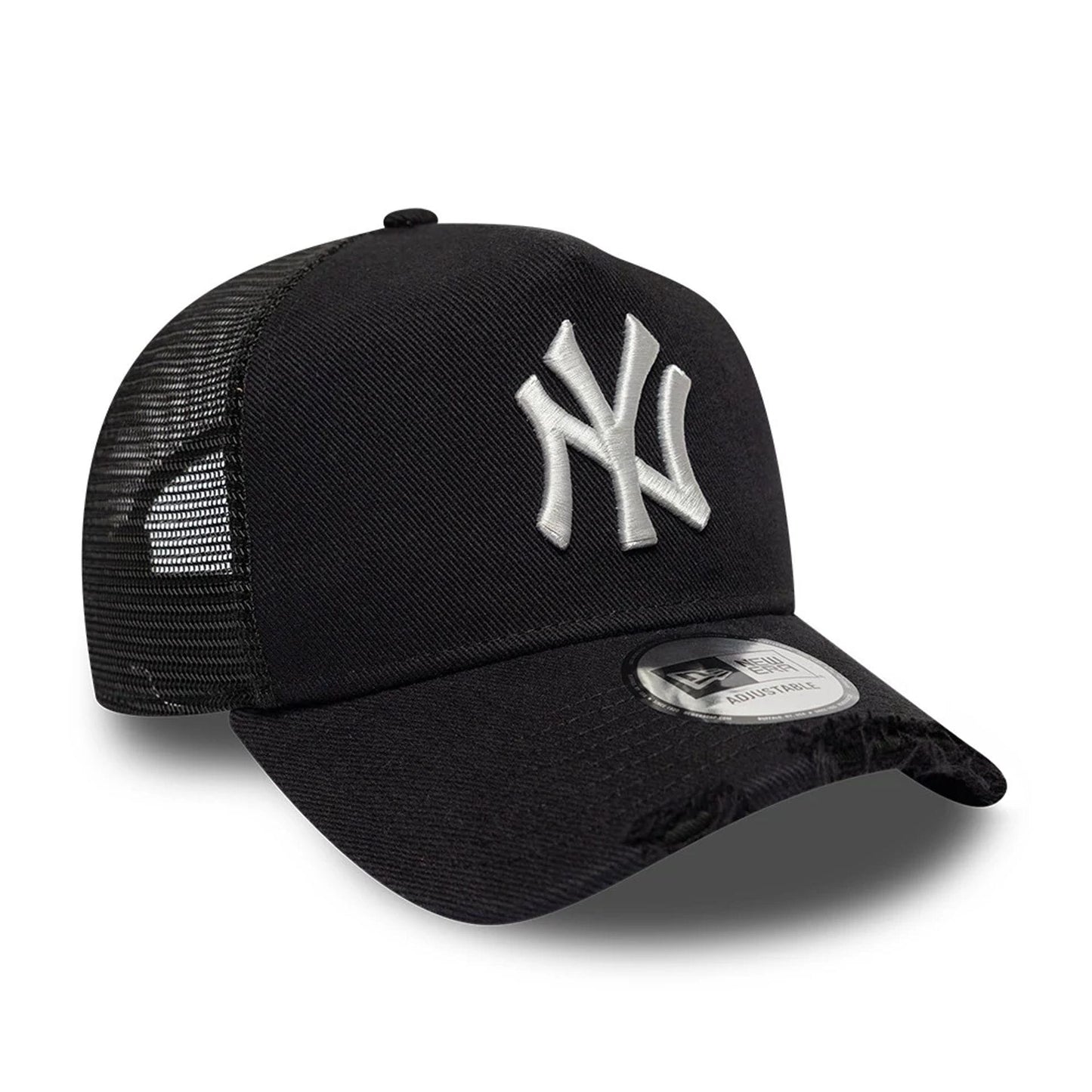 Pictured is this MLB Distressed New York Yankees 9FORTY A-Frame Trucker cap in black. 3