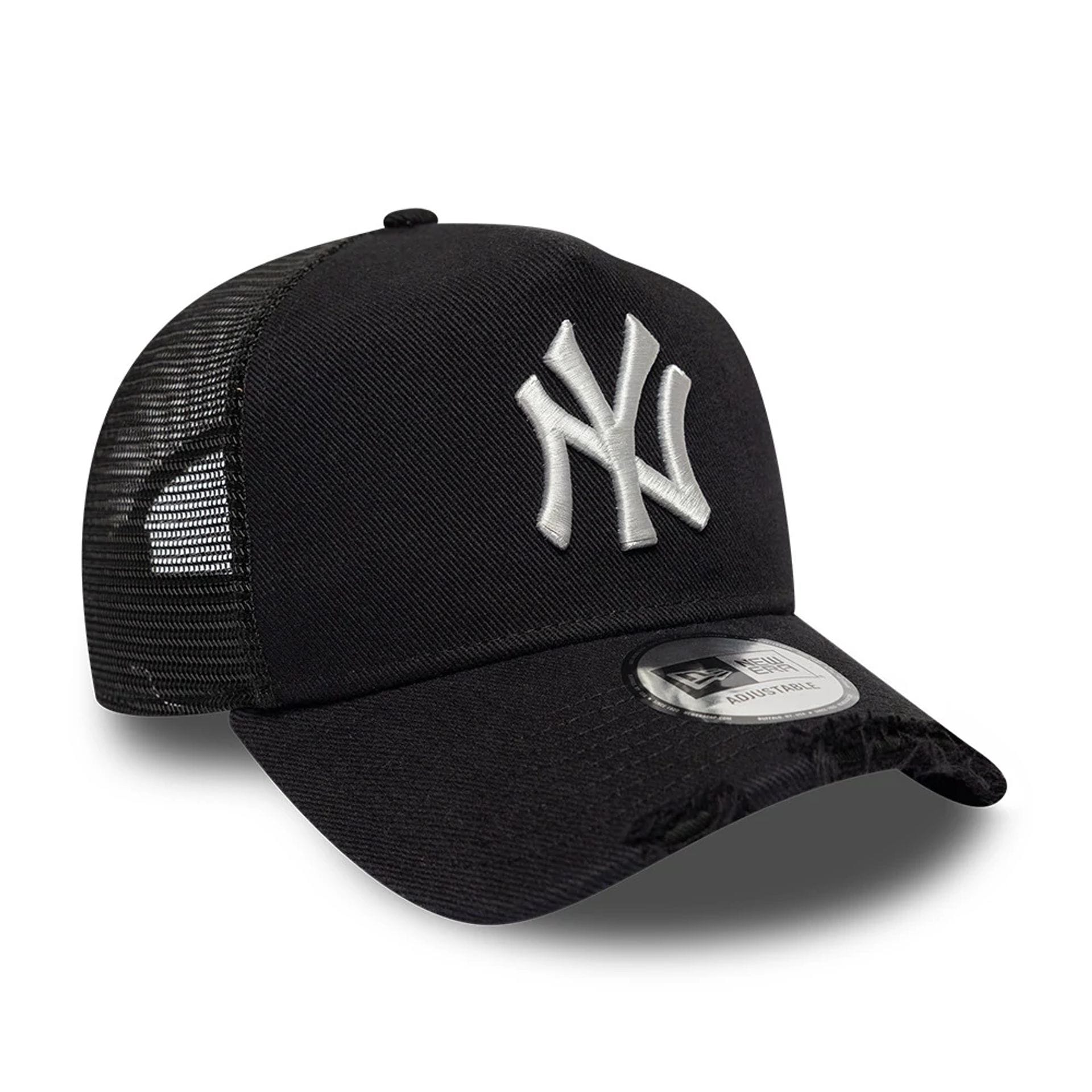 Pictured is this MLB Distressed New York Yankees 9FORTY A-Frame Trucker cap in black. 3