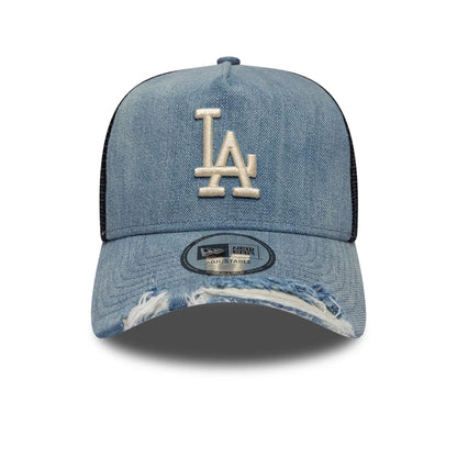 Pictured is this MLB Distressed Washed Denim LA Dodgers 9FORTY A-Frame Trucker cap in blue. 2