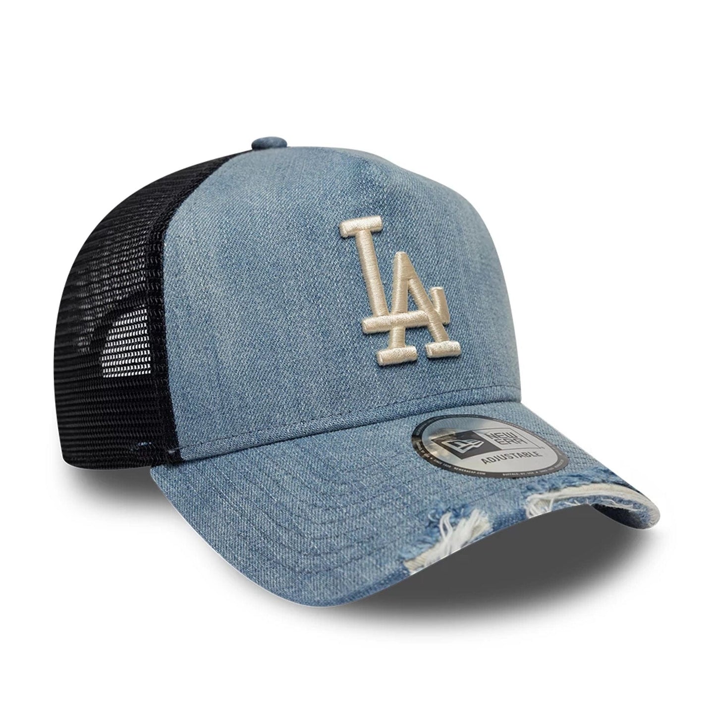 Pictured is this MLB Distressed Washed Denim LA Dodgers 9FORTY A-Frame Trucker cap in blue. 3