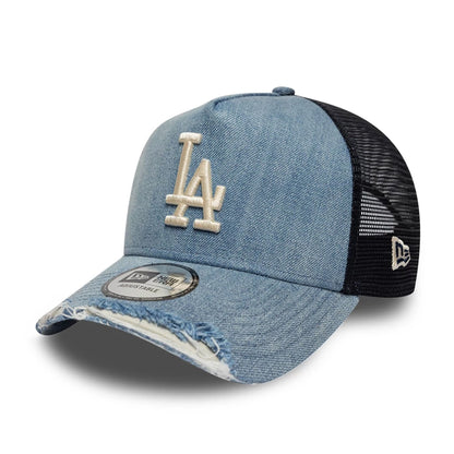 Pictured is this MLB Distressed Washed Denim LA Dodgers 9FORTY A-Frame Trucker cap in blue. 1