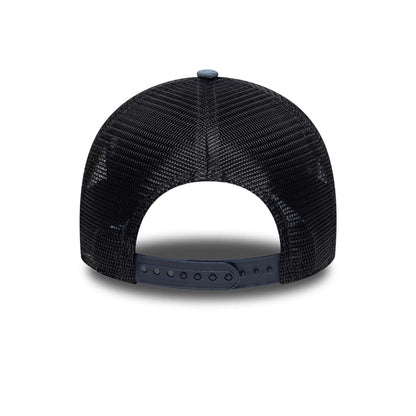 Pictured is this MLB Distressed Washed Denim LA Dodgers 9FORTY A-Frame Trucker cap in blue. 4