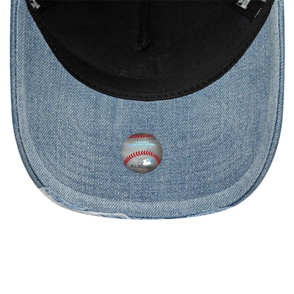Pictured is this MLB Distressed Washed Denim LA Dodgers 9FORTY A-Frame Trucker cap in blue. 7