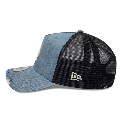 Pictured is this MLB Distressed Washed Denim LA Dodgers 9FORTY A-Frame Trucker cap in blue. 5