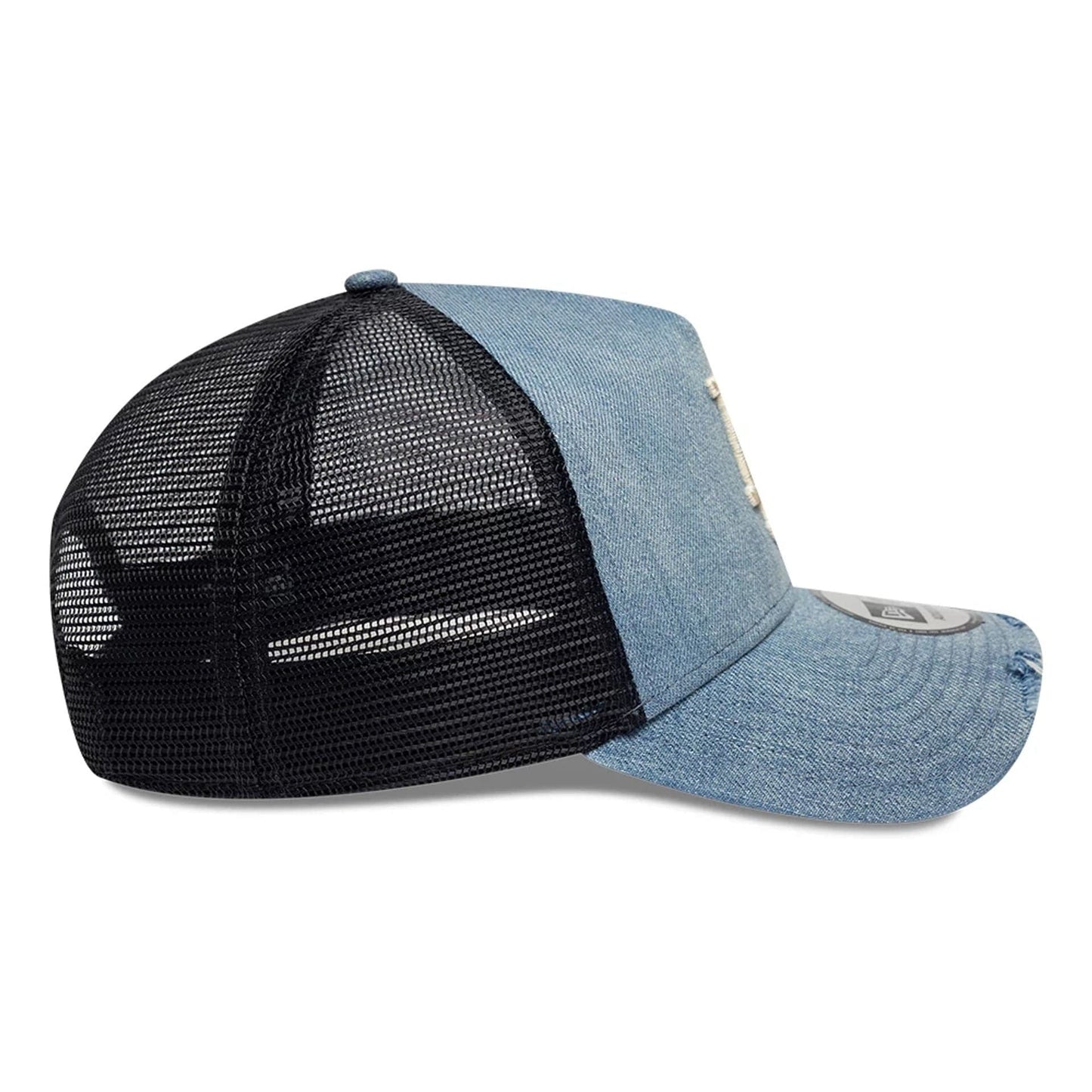 Pictured is this MLB Distressed Washed Denim LA Dodgers 9FORTY A-Frame Trucker cap in blue. 6