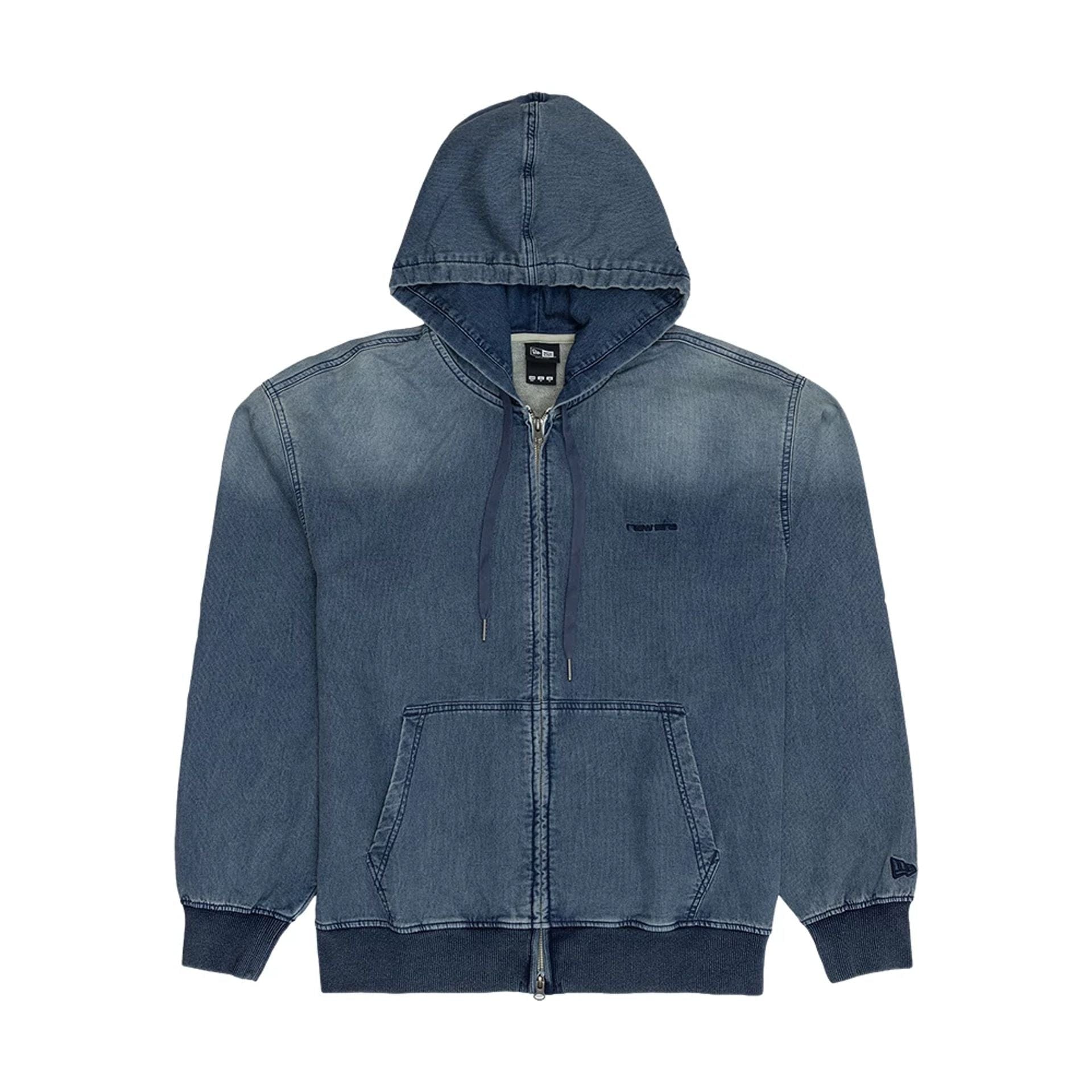 The model is wearing this New Era Washed Full Zip Hoodie in blue. 1