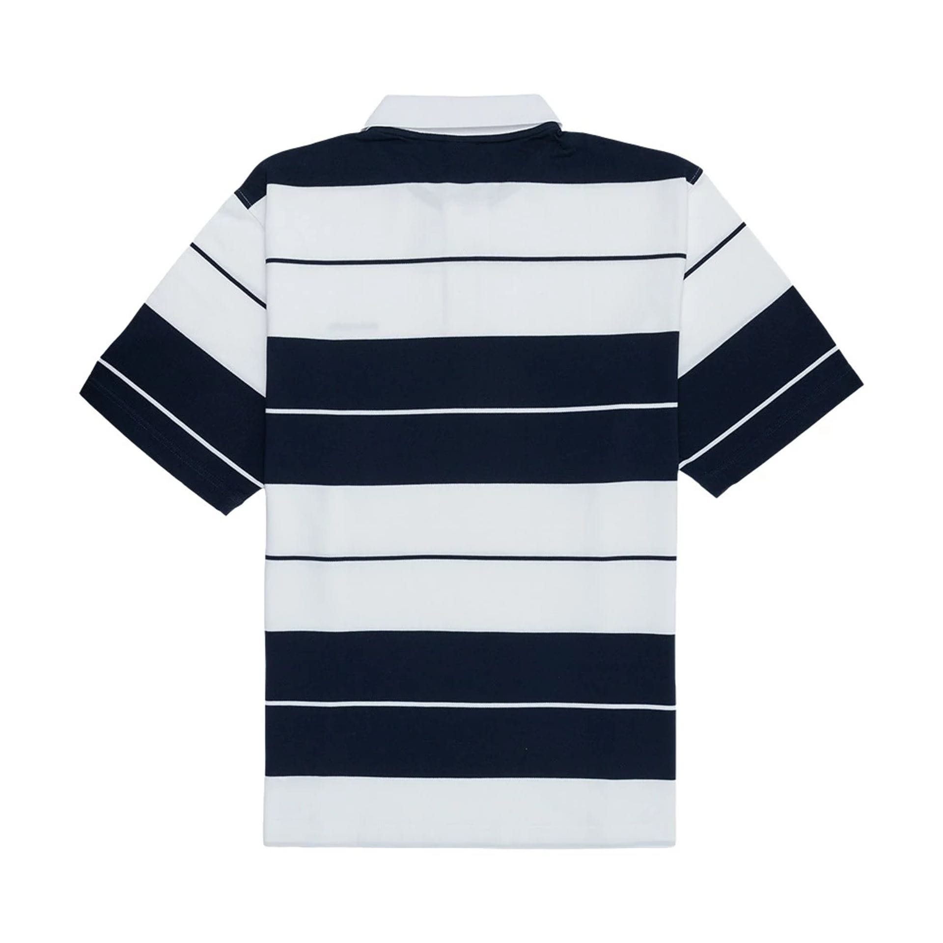 The model is wearing this New Era Stripe Polo T-Shirt in white. 2