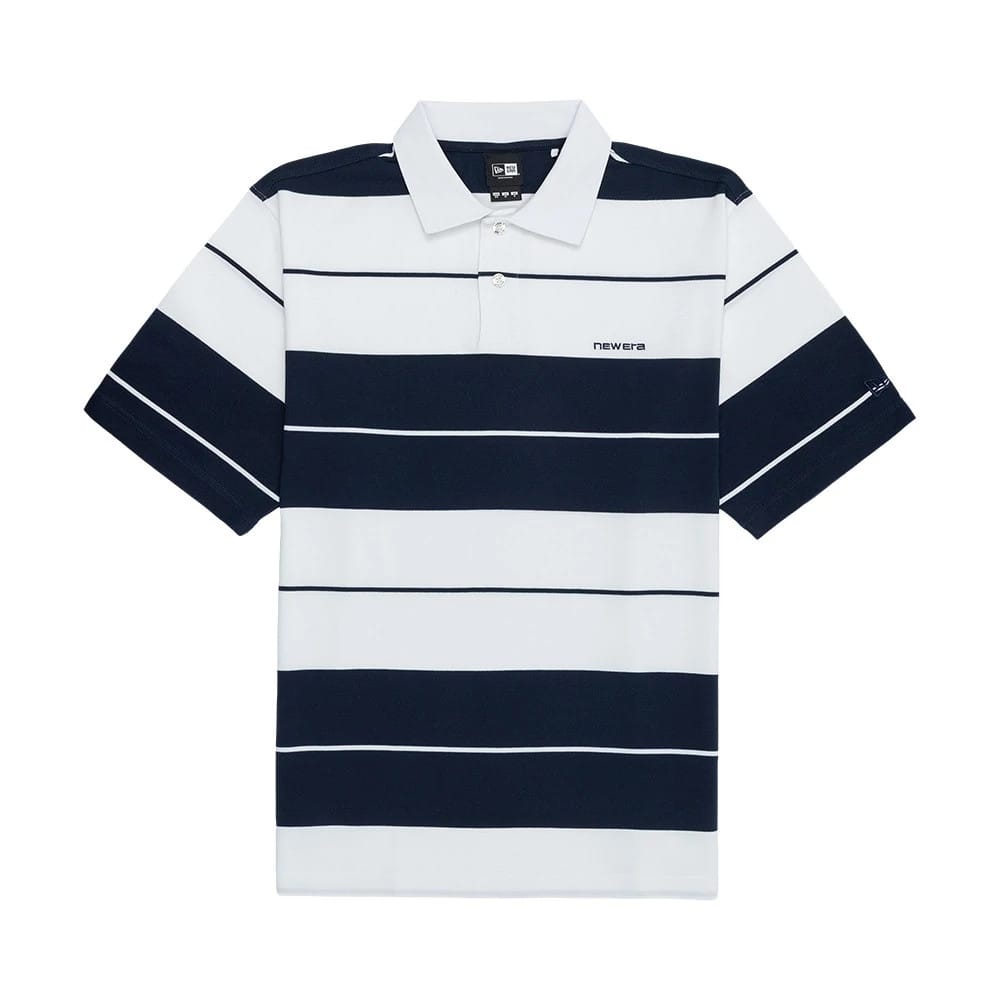 The model is wearing this New Era Stripe Polo T-Shirt in white. 7