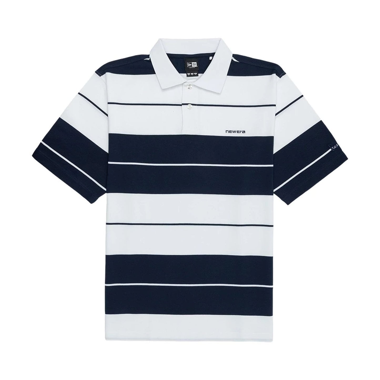 The model is wearing this New Era Stripe Polo T-Shirt in white. 1