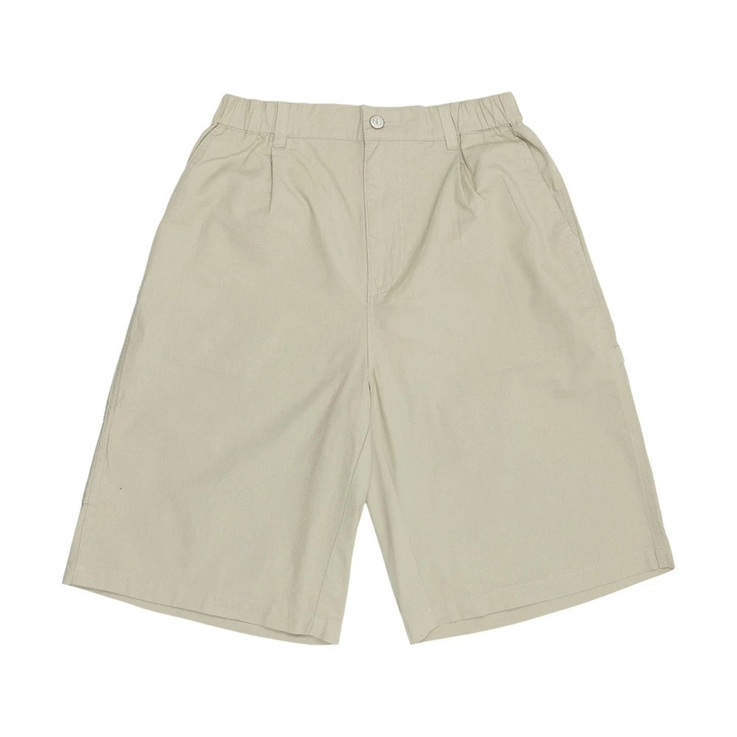 The model is wearing this New Era Canvas Bermuda Shorts in grey. 1