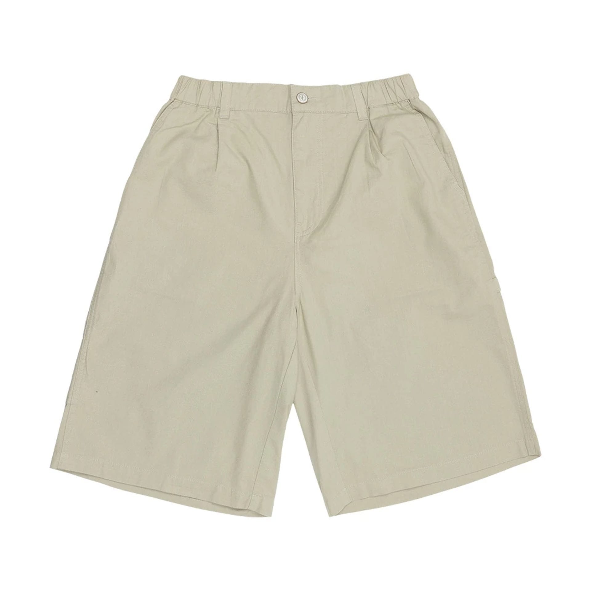 The model is wearing this New Era Canvas Bermuda Shorts in grey. 1