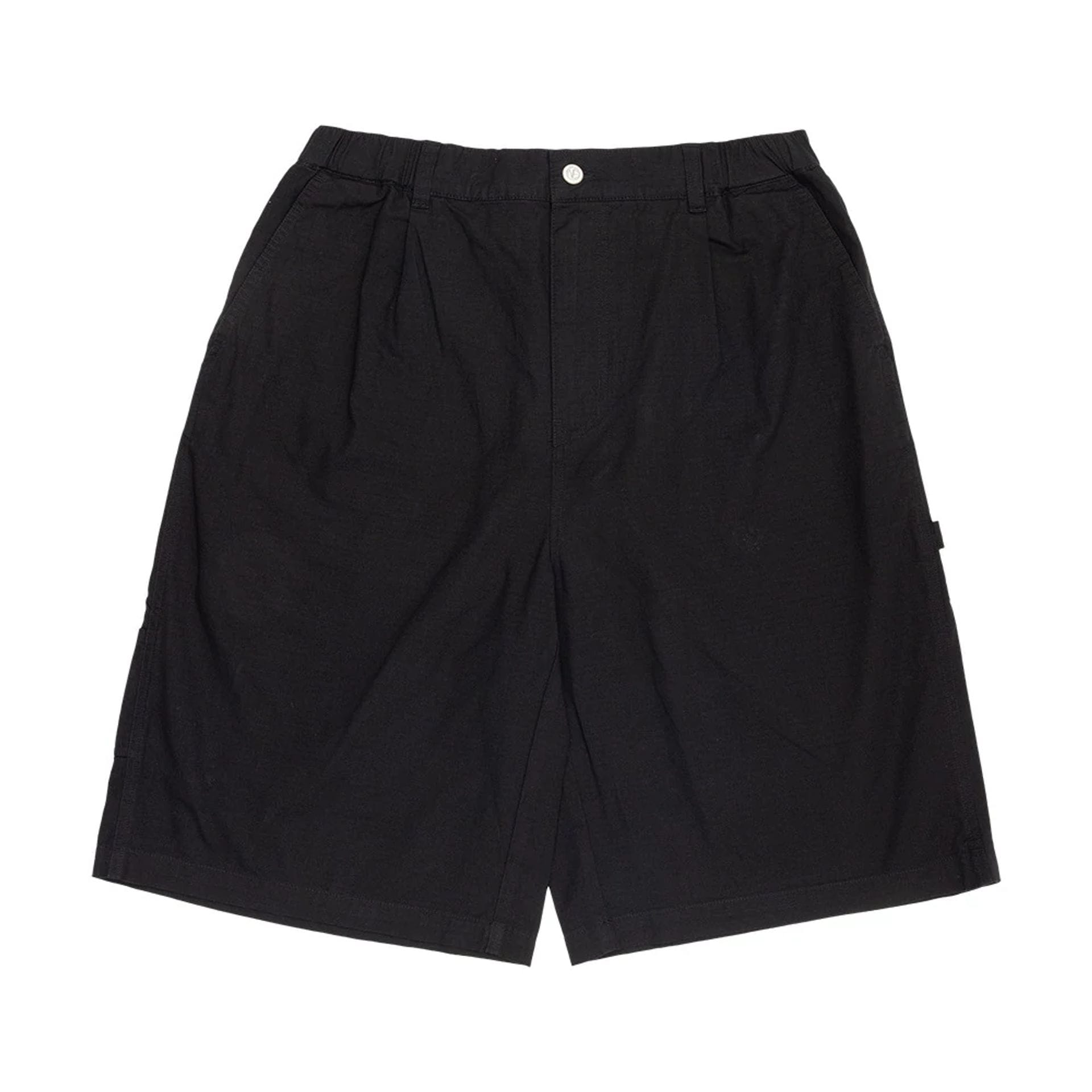 The model is wearing this New Era Canvas Bermuda Shorts in black. 1