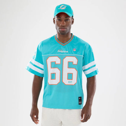 The model is wearing this NFL Miami Dolphins Mesh Jersey in turquoise. 7