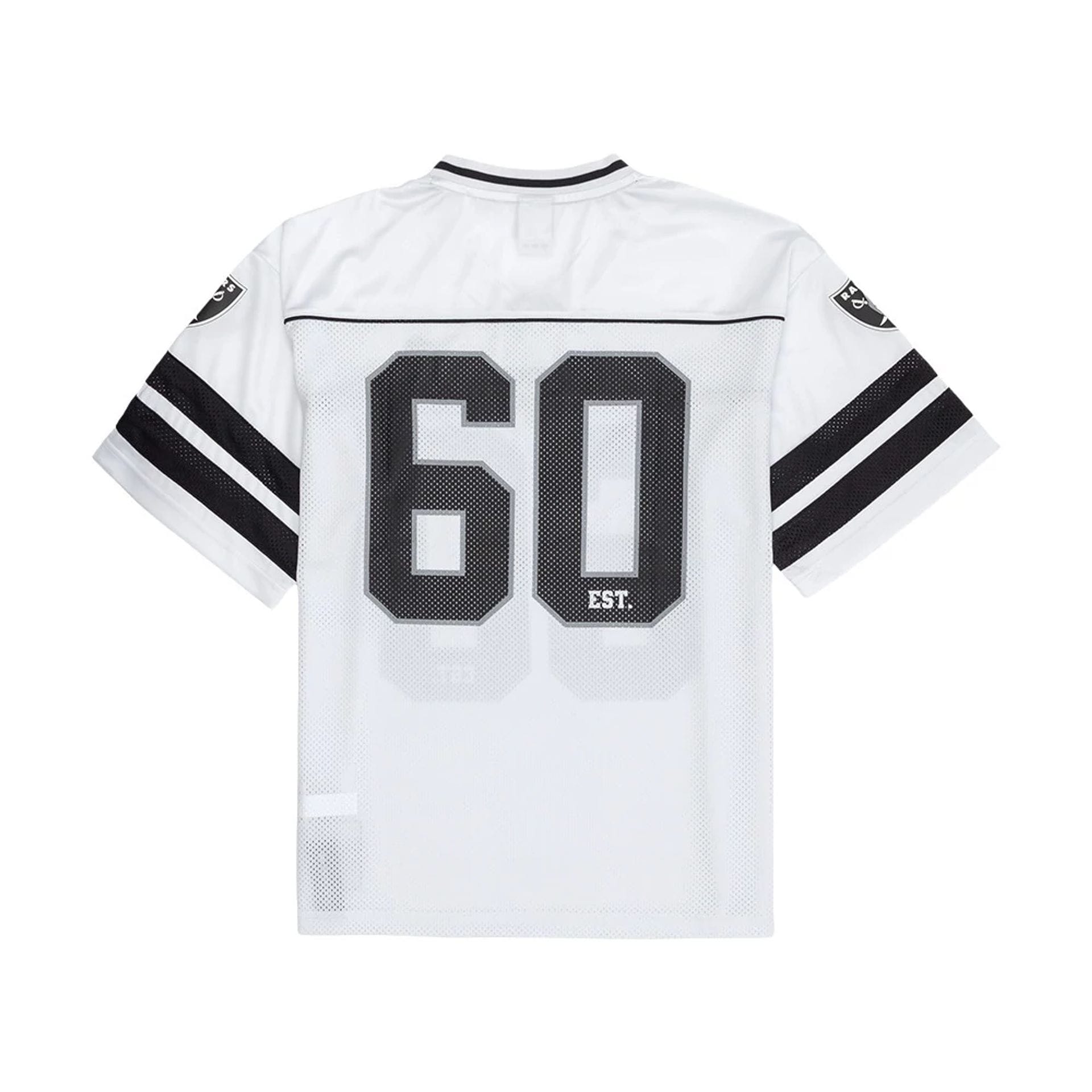The model is wearing this NFL Las Vegas Raiders Mesh Jersey in white. 2
