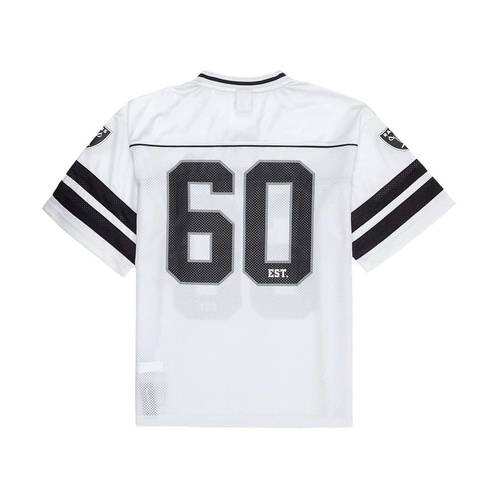 The model is wearing this NFL Las Vegas Raiders Mesh Jersey in white. 6