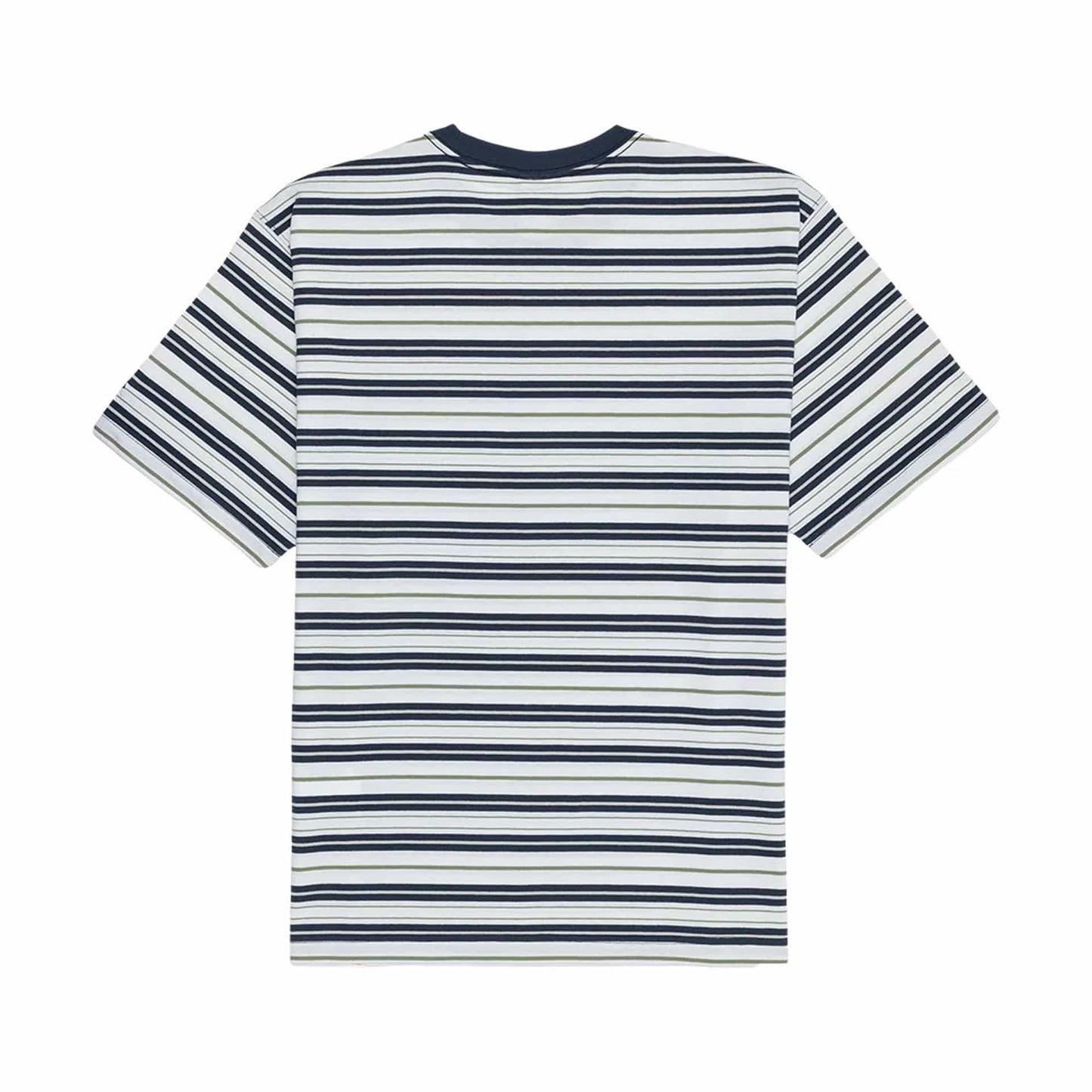 The model is wearing this New Era Boarder Stripe T-Shirt in white. 2
