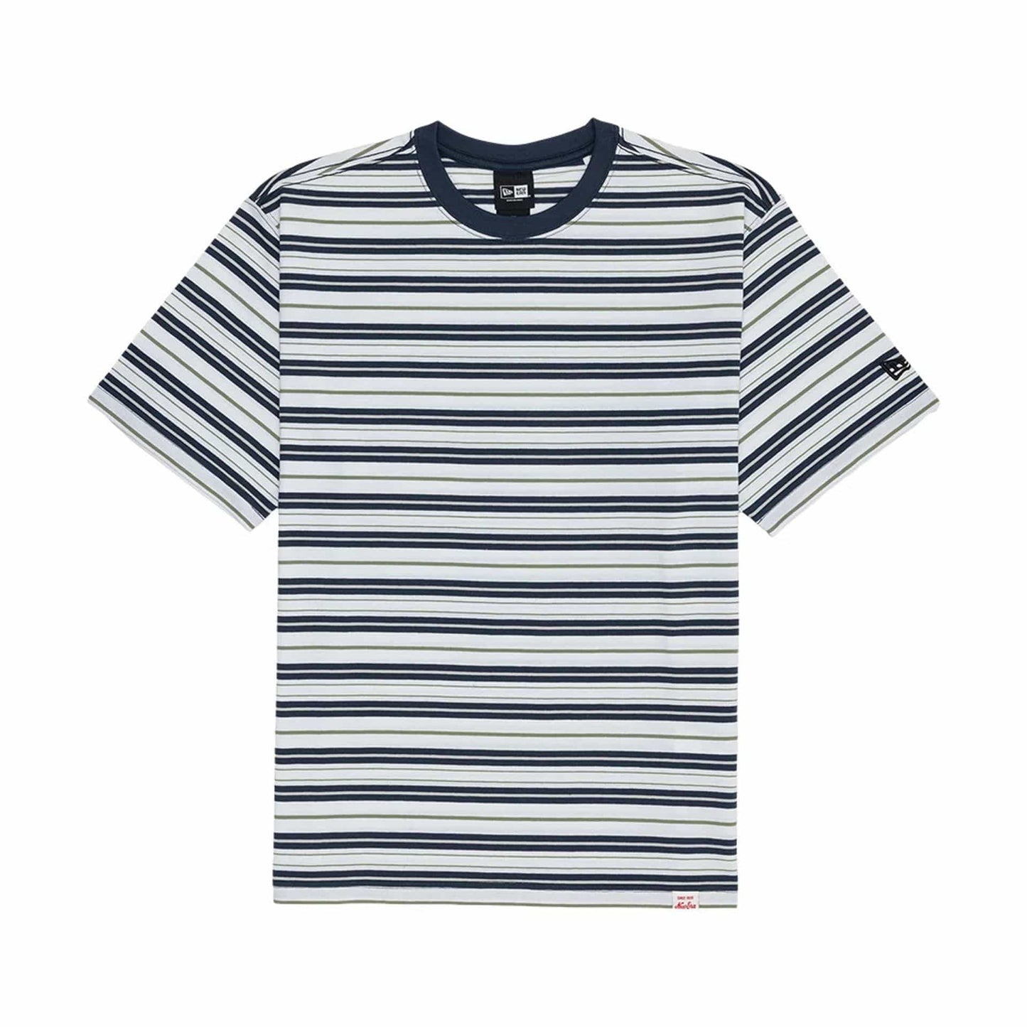 The model is wearing this New Era Boarder Stripe T-Shirt in white. 1