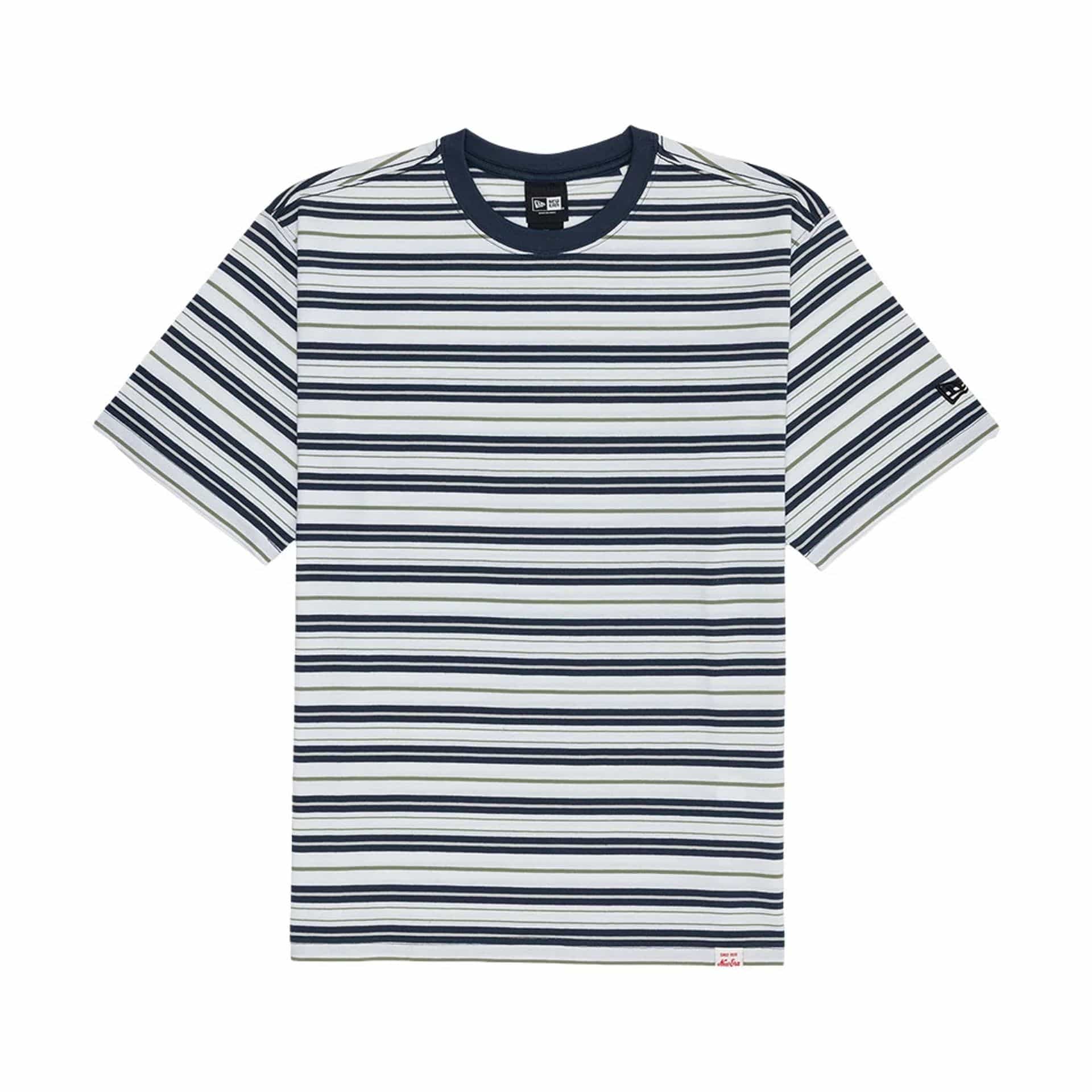 The model is wearing this New Era Boarder Stripe T-Shirt in white. 1