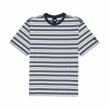 The model is wearing this New Era Boarder Stripe T-Shirt in white. 1