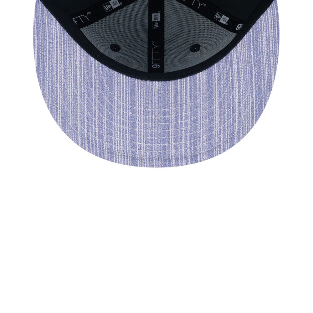 Pictured is this MLB Denim Patchwork New York Yankees 9FIFTY Snapback cap in black. 4
