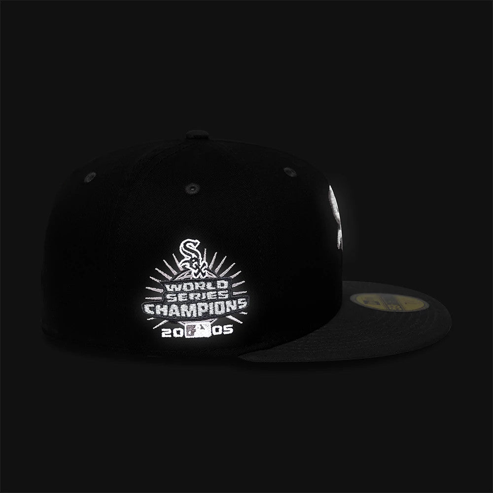 Pictured is this MLB Reflective Chicago White Sox 59FIFTY Fitted cap in black. 2