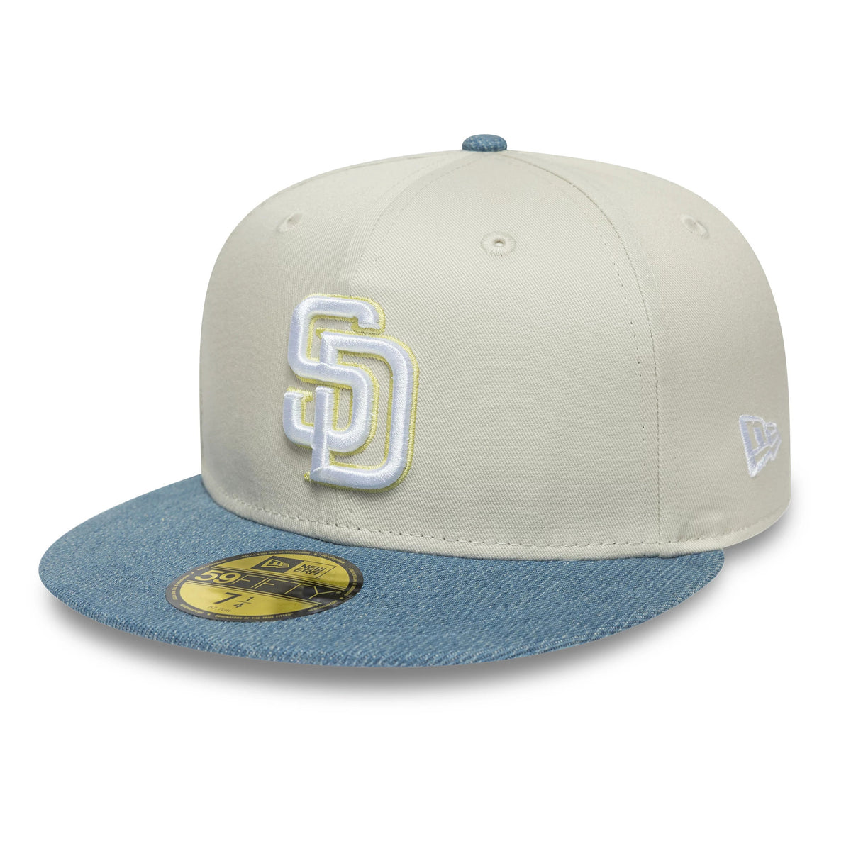 Pictured is this MLB Denim Mix San Diego Padres 59FIFTY Fitted cap in beige. 4