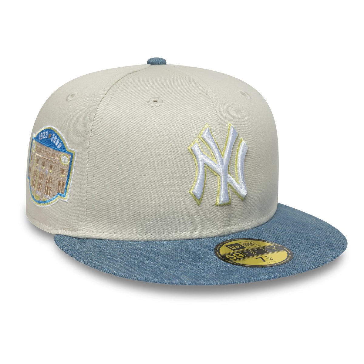 Pictured is this MLB Denim Mix New York Yankees 59FIFTY Fitted cap in beige. 1