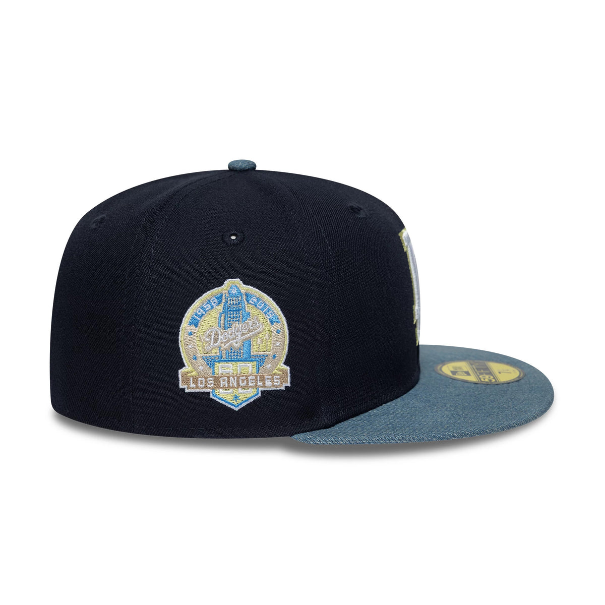 Pictured is this MLB Denim Mix LA Dodgers 59FIFTY Fitted cap in navy. 5