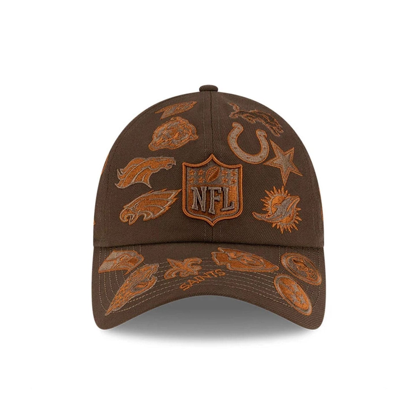 Pictured is this NFL X Bad Bunny All Over Logos Casual Classic cap in brown. 2