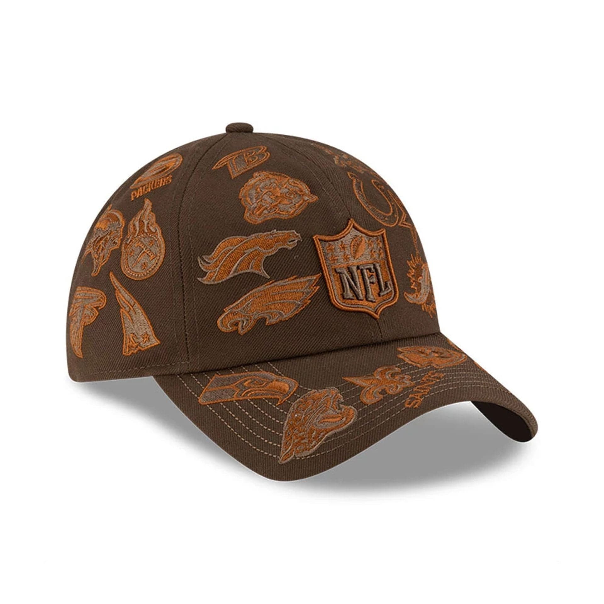 Pictured is this NFL X Bad Bunny All Over Logos Casual Classic cap in brown. 3