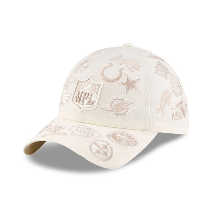 Pictured is this NFL X Bad Bunny All Over Logos Casual Classic cap in cream. 1